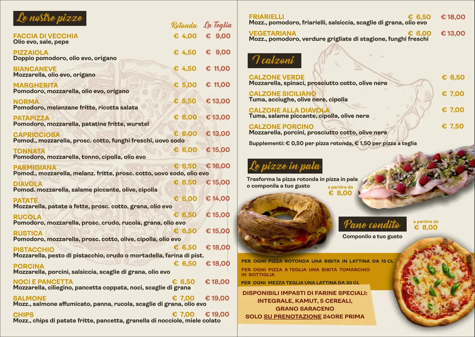 Pagina del volantino con le pizze rotonde e a teglia e i prezzi
